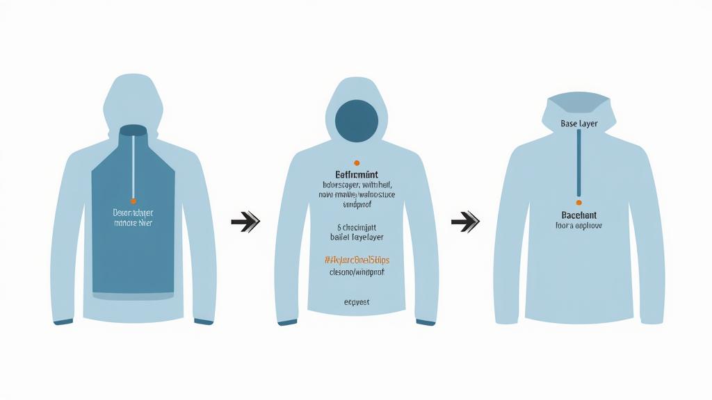 Infographic illustrating a multi-layer fishing apparel system: base layer, mid-layer, outer shell, with arrows showing airflow and insulation properties